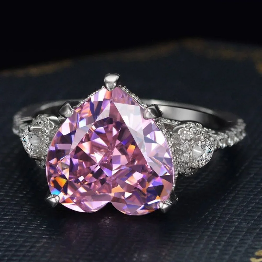 😍Pink Heart CZ Anillos Shiny Diamonds Silver Plated Heart Ring for Women, L117